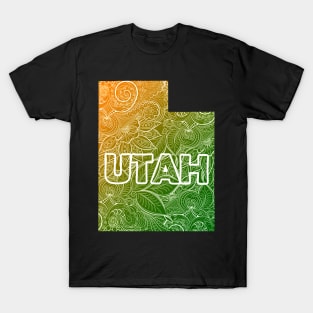 Colorful mandala art map of Utah with text in green and orange T-Shirt